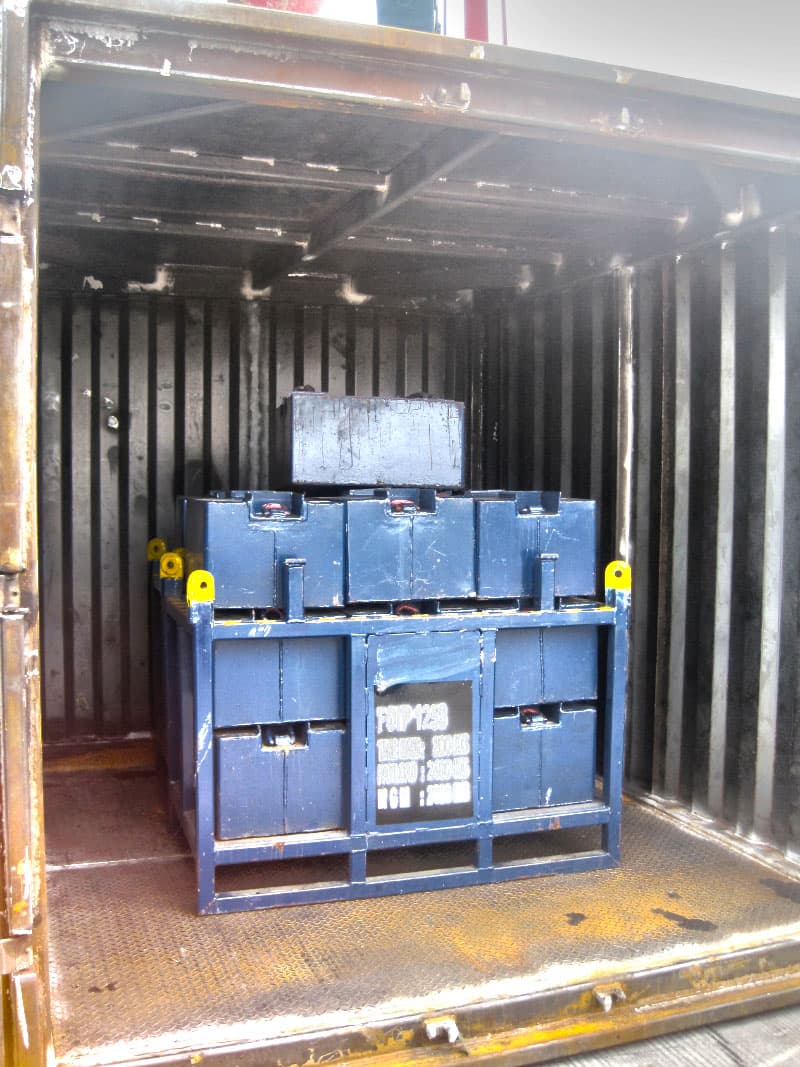 Stackable transport frames loaded into a container